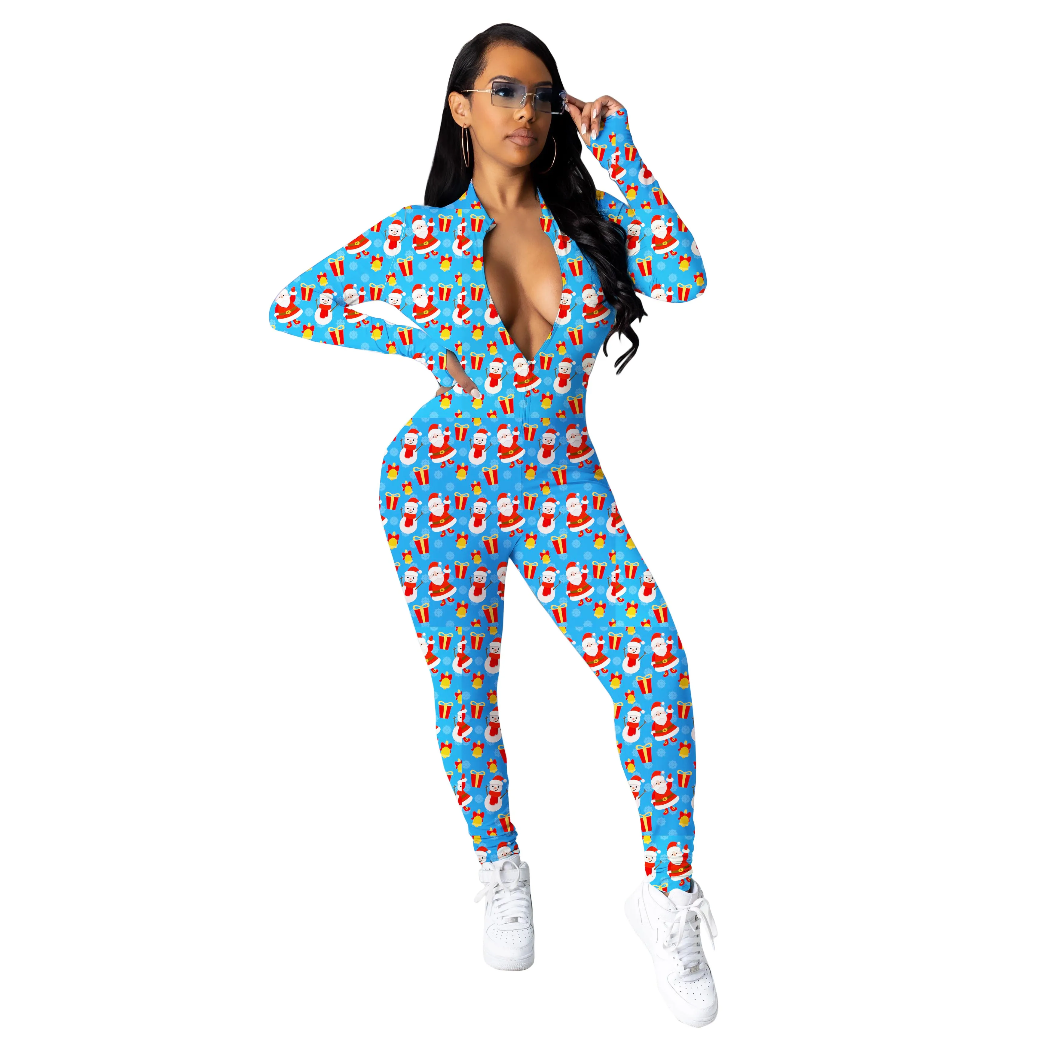 

2021 Sexy Women Deep V-neck Sleepwear Jumpsuit Romper Leotard Long Sleeve Christmas Print Button Jumpsuits Long Pants, 7 colors