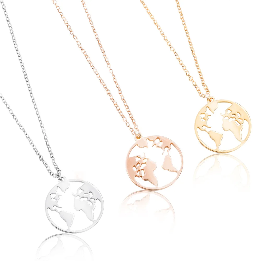 

High Quality Simple Style Your World Map Stainless Steel Necklace Round World Map Pendant Necklace, Picture