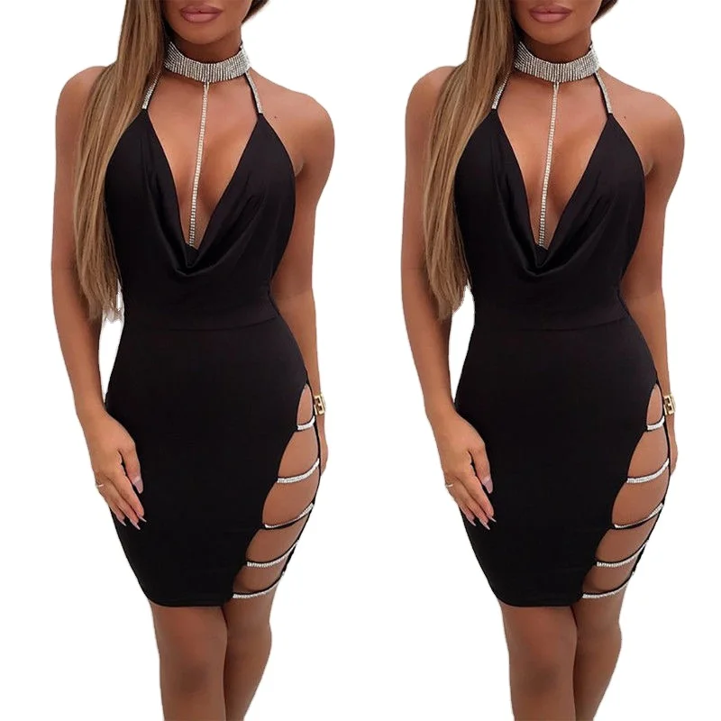 

Crystal Sequin Halter Party Dress Women Sexy Deep V Backless Bodycon Club Diamond Mini Dresses, Khaki, red, black