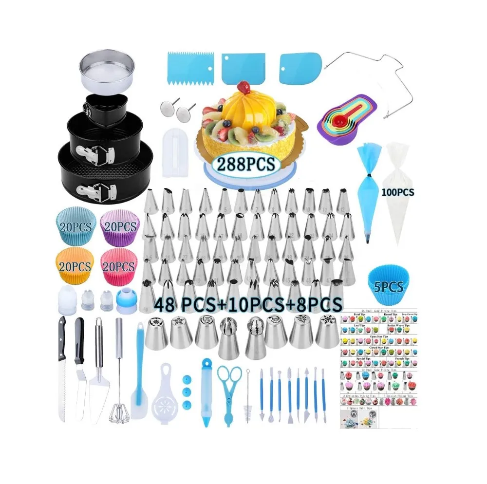 

288 PCS Cake Decorating Supplies,Springform Pan Sets Icing Piping Russian Nozzles Cake Rotating Turntable Piping Bags Muffin Cup, Picture