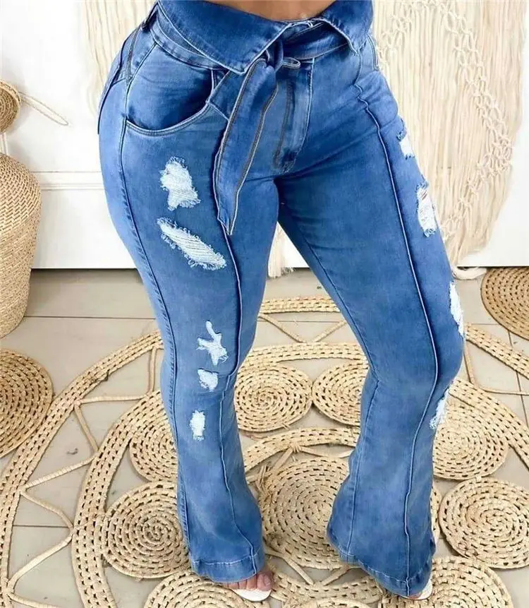 

W8749 Hot saling fashion washed ripped flared jeans light blue denim pants