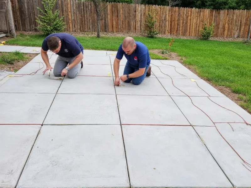 DIY concrete patio layout planning with string and stakes
