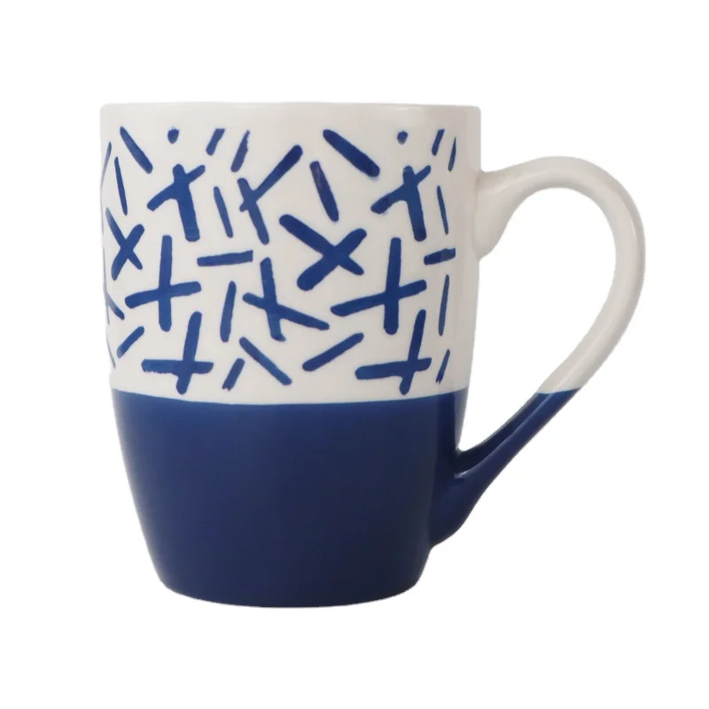

White Blue Ceramic Coffee Mug Hand Painting ceramic coffee mugs with fancy pattern handle tazas para sublimar por mayor, White color