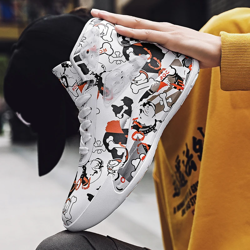 

Trend Breathable Sneakers Fashion Basketball Shoesdoodle Pattern Men's Sport Shoes, White/black/red
