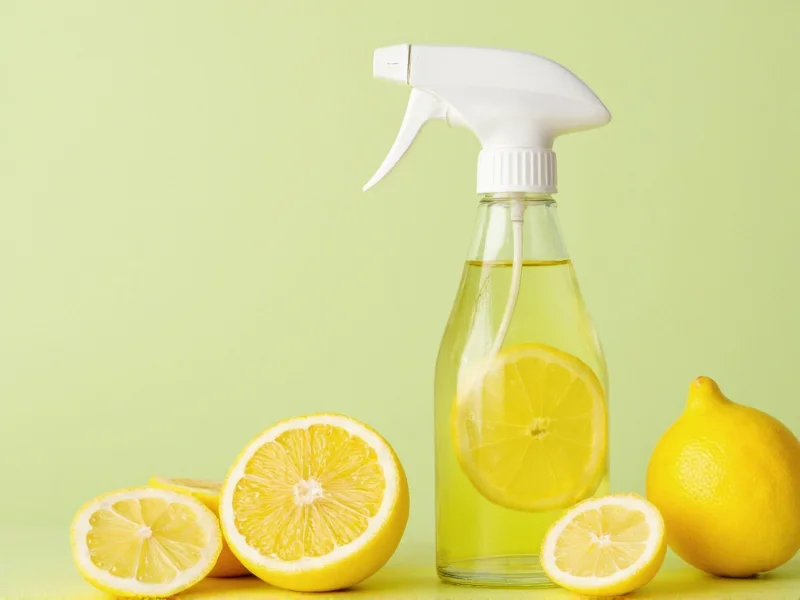 Citrus air freshener spray in glass bottle with lemon slices