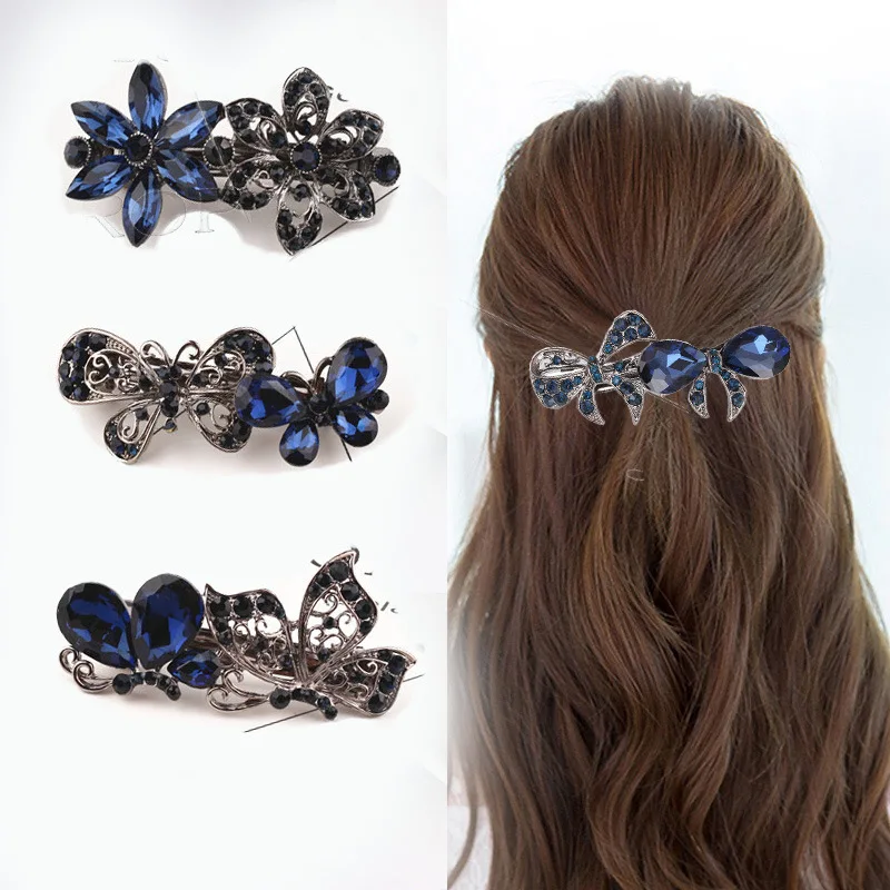 

MIO Vintage rhinestone butterfly hair clip alloy metal crystal hairpins black clips for women girls bowtie flower headdressing