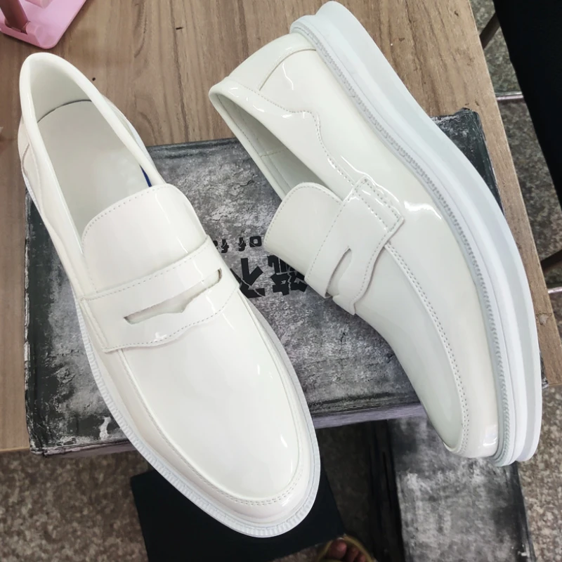

Good Looking White Leather Dress Shoes Slip On Round Toe Height Increasing Men Penny Loafers