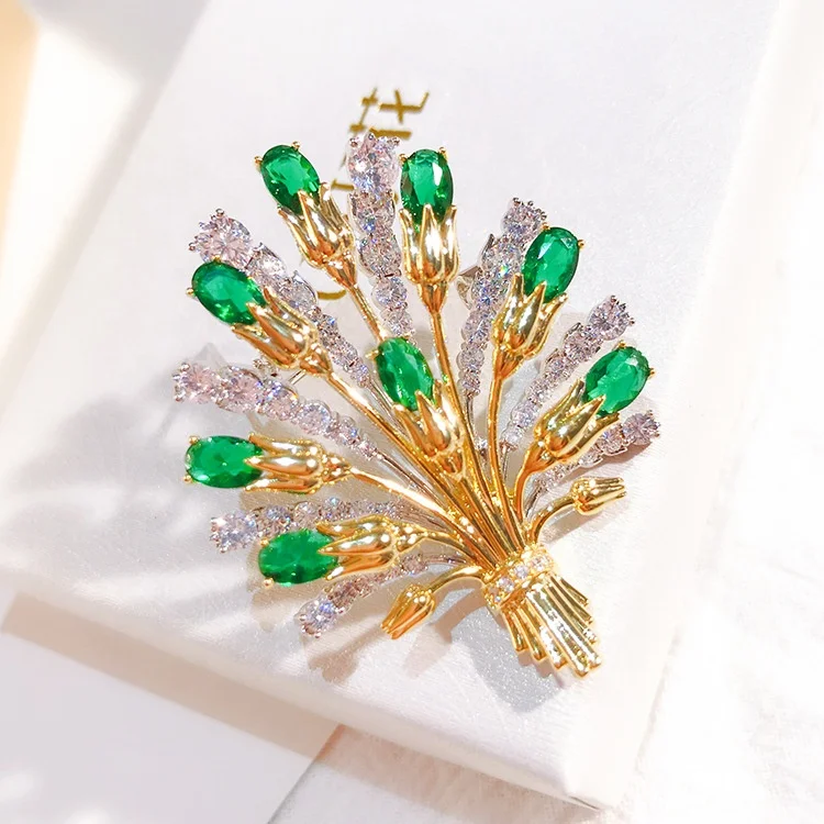 

Wholesale luxury women tree leaf emerald zirconia decorative safe jewelry fashion brooches