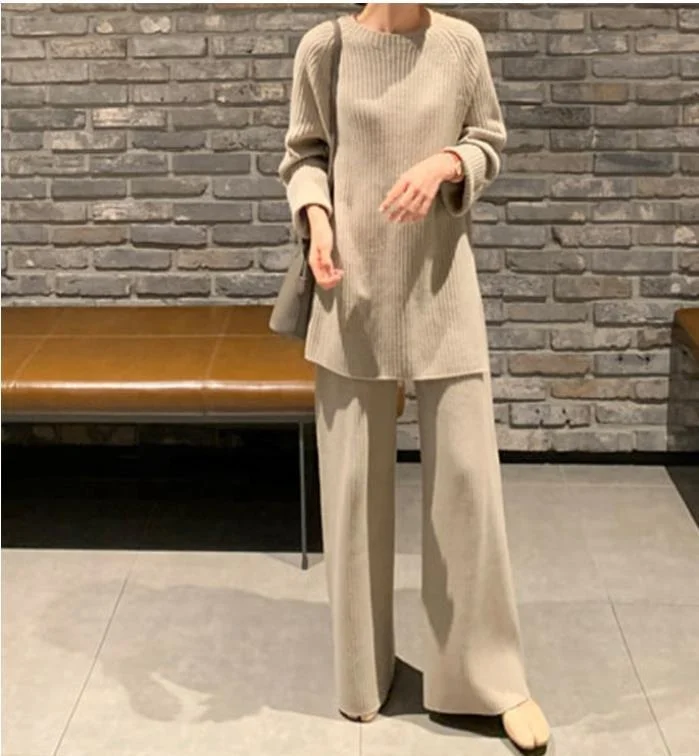 

2021 Fashion Female Autumn Winter New Style Loose Sweater Wide Leg Pants Knitted Suit Women Plus Size Sweater Two Piece, Picture color