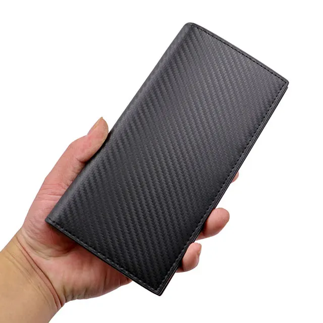 

Carbon Fiber Pattern Long Suit Ticket Holder Leather Hand Double Folding Zipper Mobile Phone Men's Wallet, Black