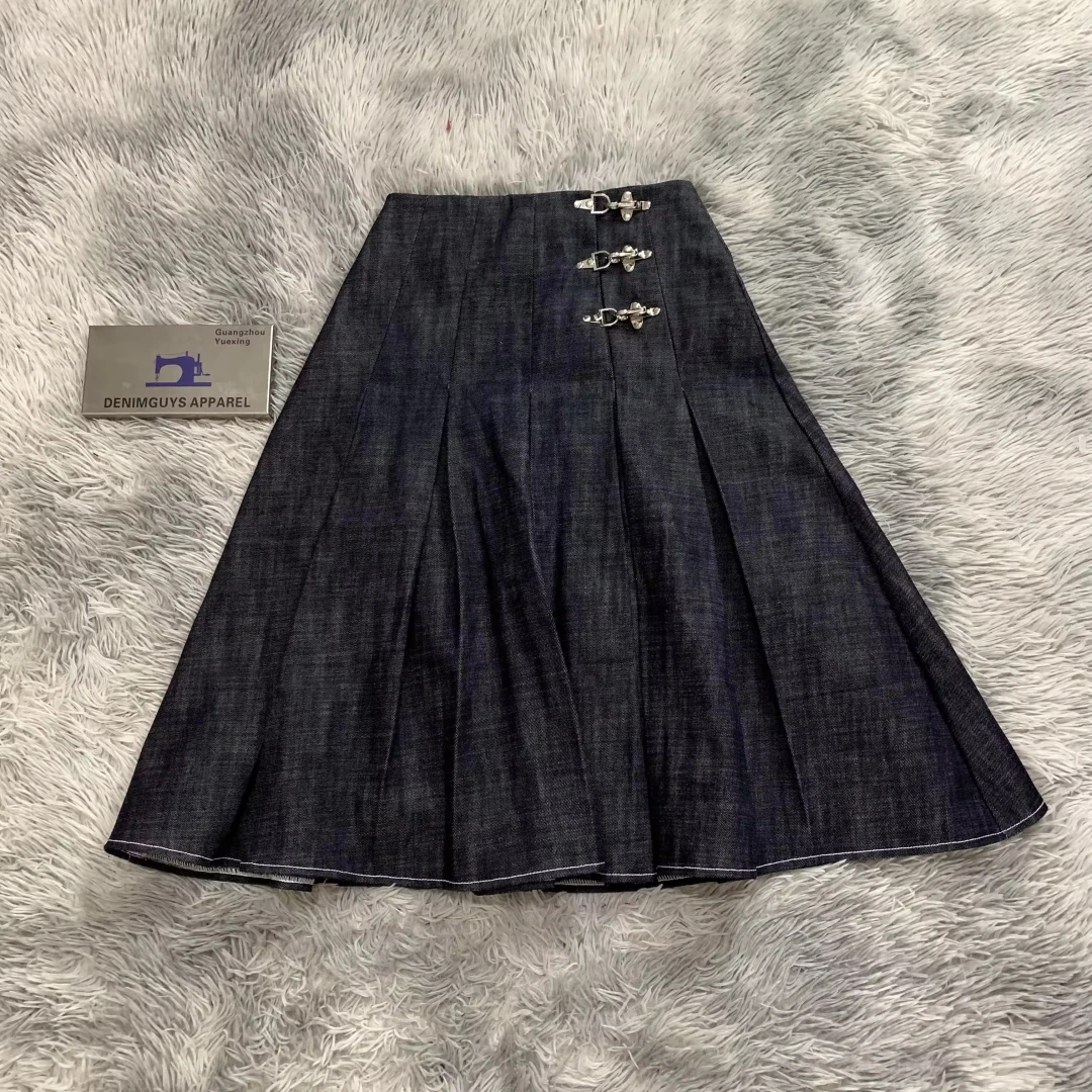DENIMGUYS Women Ladies Denim Midi Pleated Skirt High Stree Long Mid-Calf Jean Skirts
