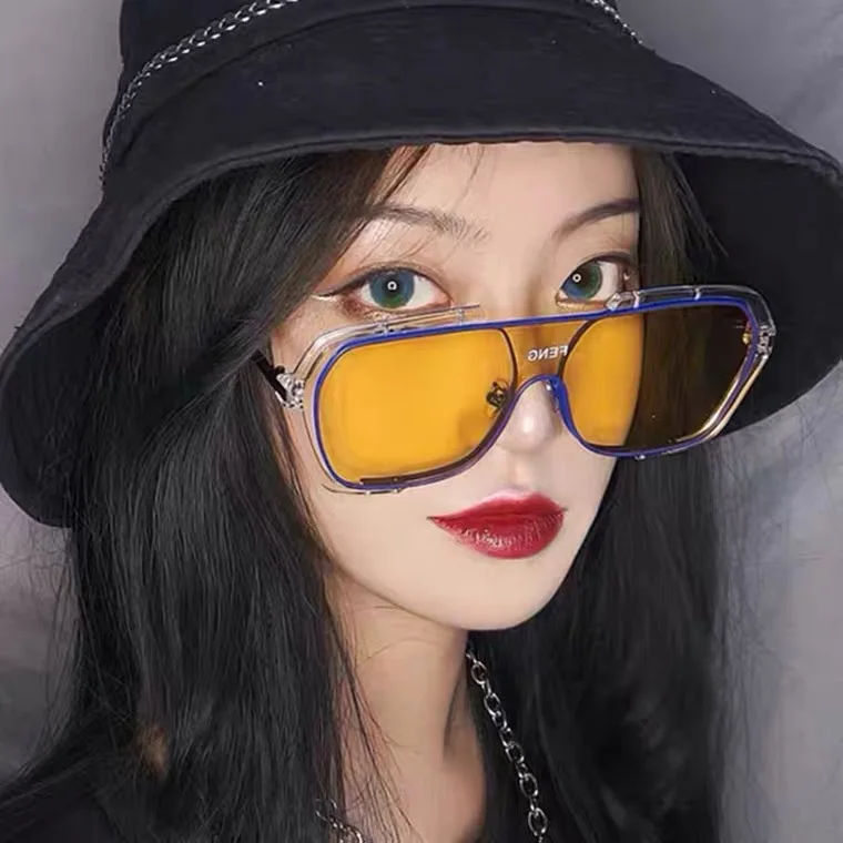 

Trendy Siamese Oversized Square Metal Frame Women Retro Yellow Lens Anti-UV Fashion Sunglasses Men, As the picture shows