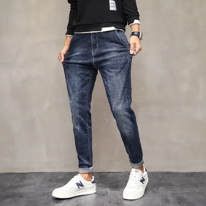 

Nine-point Jeans Men's Young Slim Casual Denim Pants 2021 Spring Autumn Stretch Straight Jeans, 4 colors