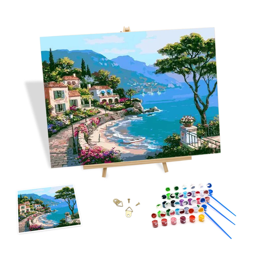 

Nordic Style Paint by Numbers on Canvas Kits Seaside Garden House Oil Painting Handmade Art Decor Scenery