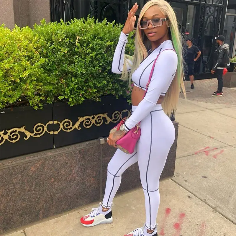 

stripe line patchwork zipper crop tops leggings 2 two pieces set 2020 women tracksuit streetwear female outfits, Black,white