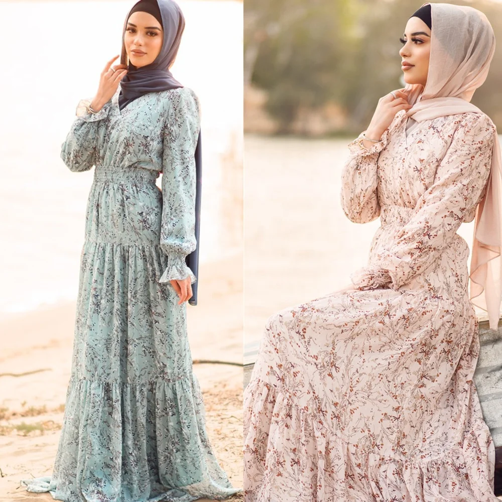 

LSM143 Fashion Ankle Length Print Dress Women Long Dress Muslim Abaya