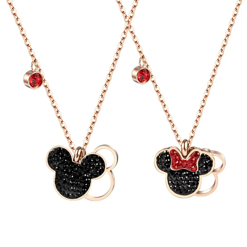 

Fashion Trendy Women Jewelry Cartoon Mouse Pendant Necklace Titanium Steel Necklace Inlaid Rhinestone, As picture