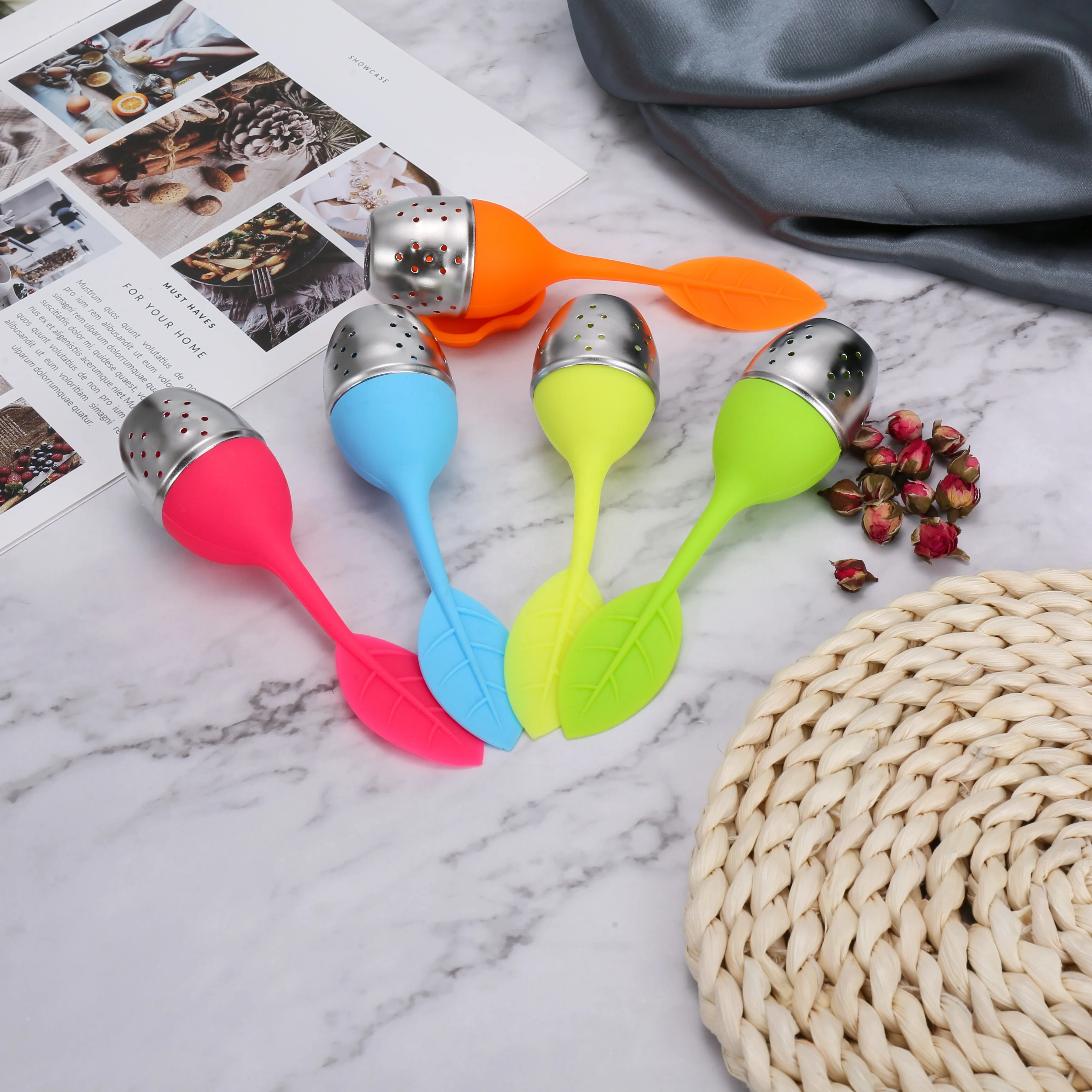 

Promotion Custom Food Grade Silicone Leaf Shape Tea Infuser, Stainless Steel Tea Bag Strainer, Green, pink, blue,yellow,orange