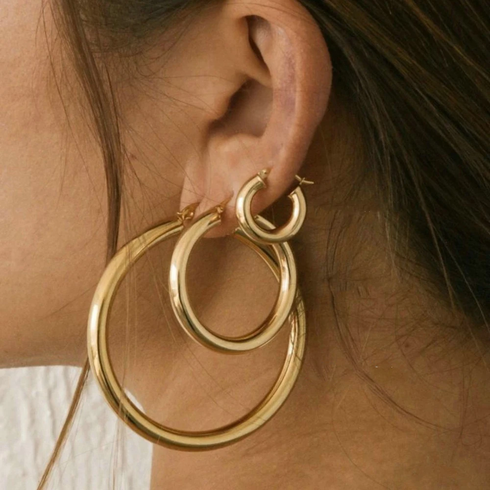 

Stainless Steel Thick Double Huggie Large Big Gold Hoop Earrings