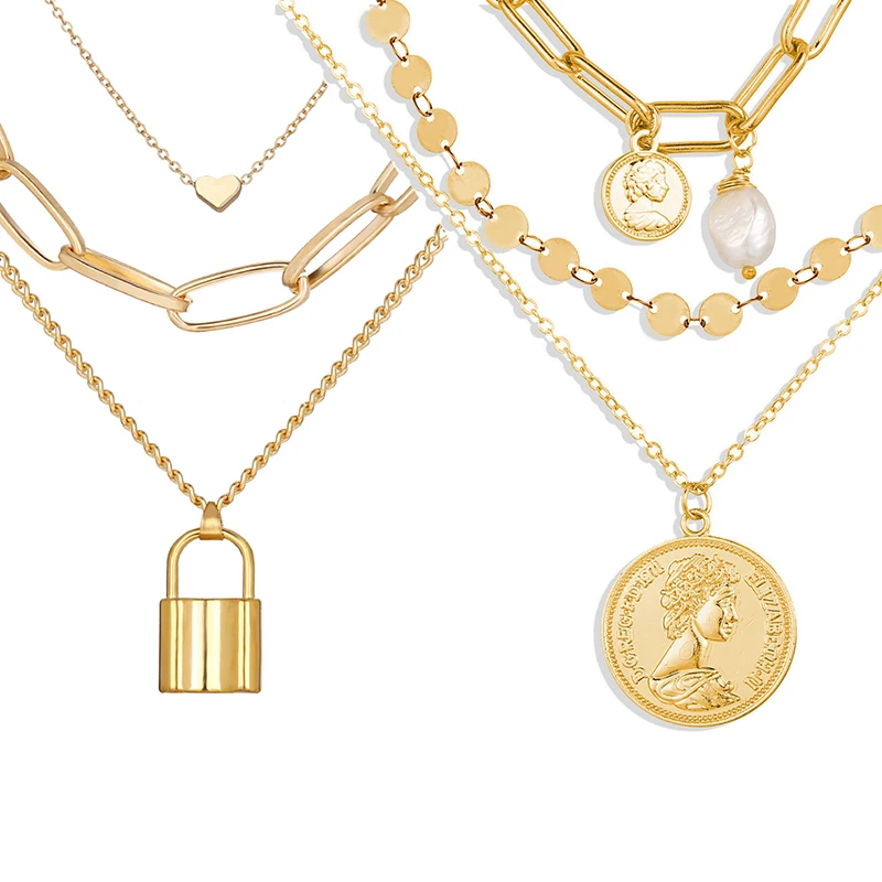 

Wholesale Gold Plated Multi Layer Chain Pearl Jewelry Lock Necklace Chain with Lock and Key