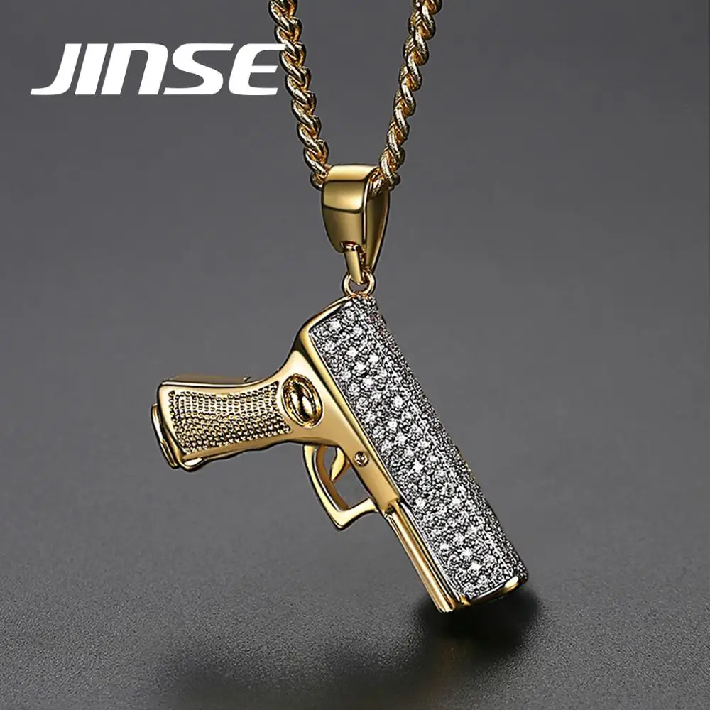 

JINSE New Design Personalized Fashion Hiphop Men Accessories Jewelry Cubic Zirconia Gun Double Gold Plated Necklace