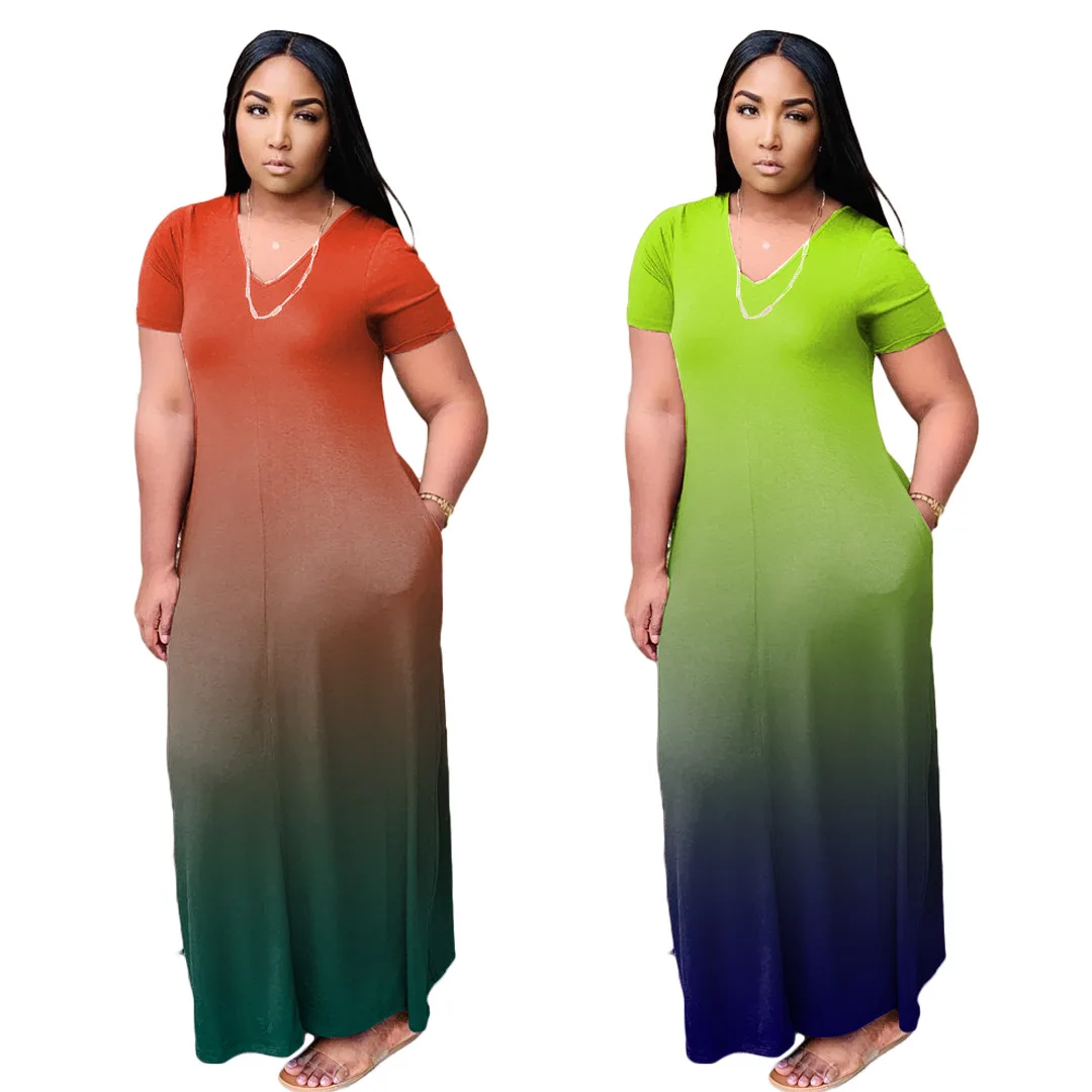 

Plus Size 4XL Casual Women Dress Summer 2020 O-neck Gradient Color Short Sleeve Loose Women Long Dress With Pockets, Burgundy, green