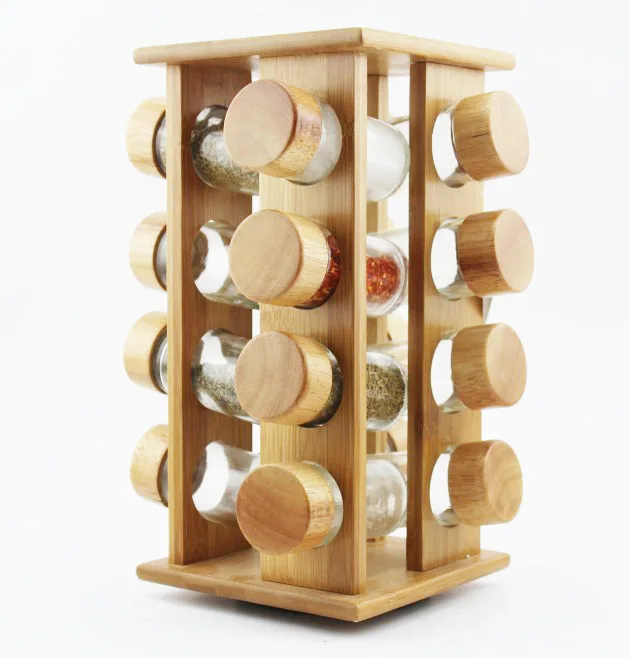 Bamboo Spice Rack Wtih 16 Spice Jars Freestanding Wooden Shelf Holders