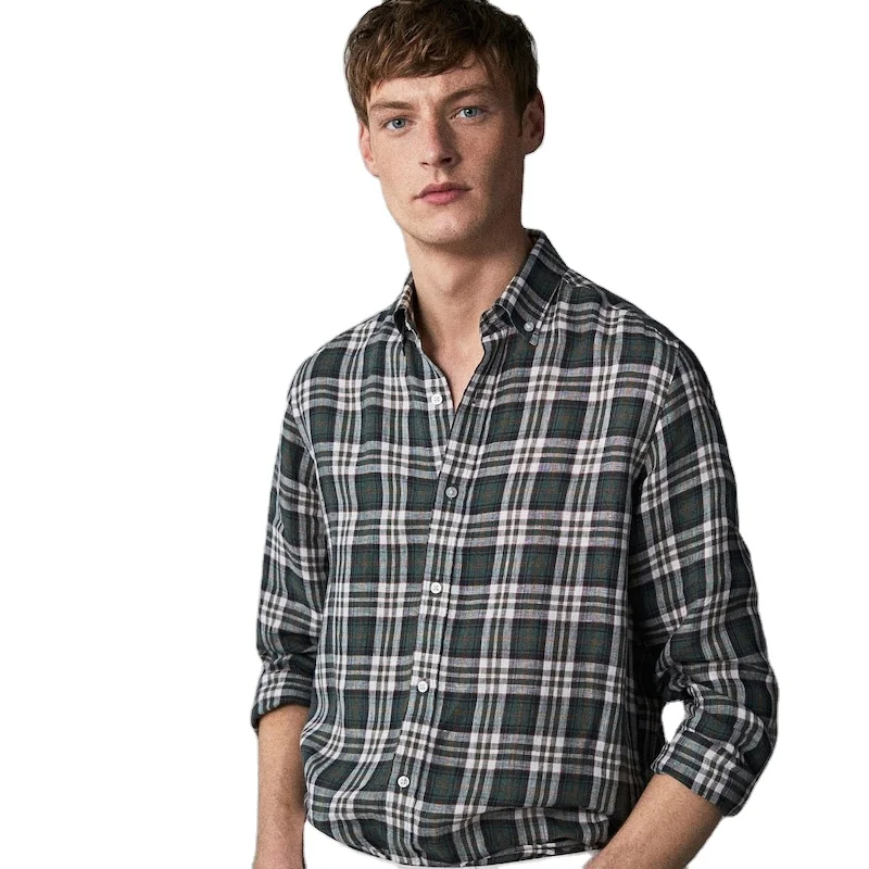 

2021 Summer Hit Color Plaid Printed Shirt Casual Mens Linen Hawaiian Breathable Button Up Shirt, Customized color