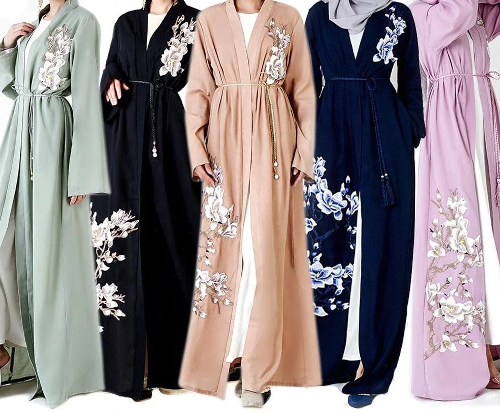 

New Design Women Casual Dresses Hand Black Embroidery Cardigan Abaya For Islamic Hijab Clothing Muslim, Black, navy, champagne, khaki, blue grey, purple pink, light green