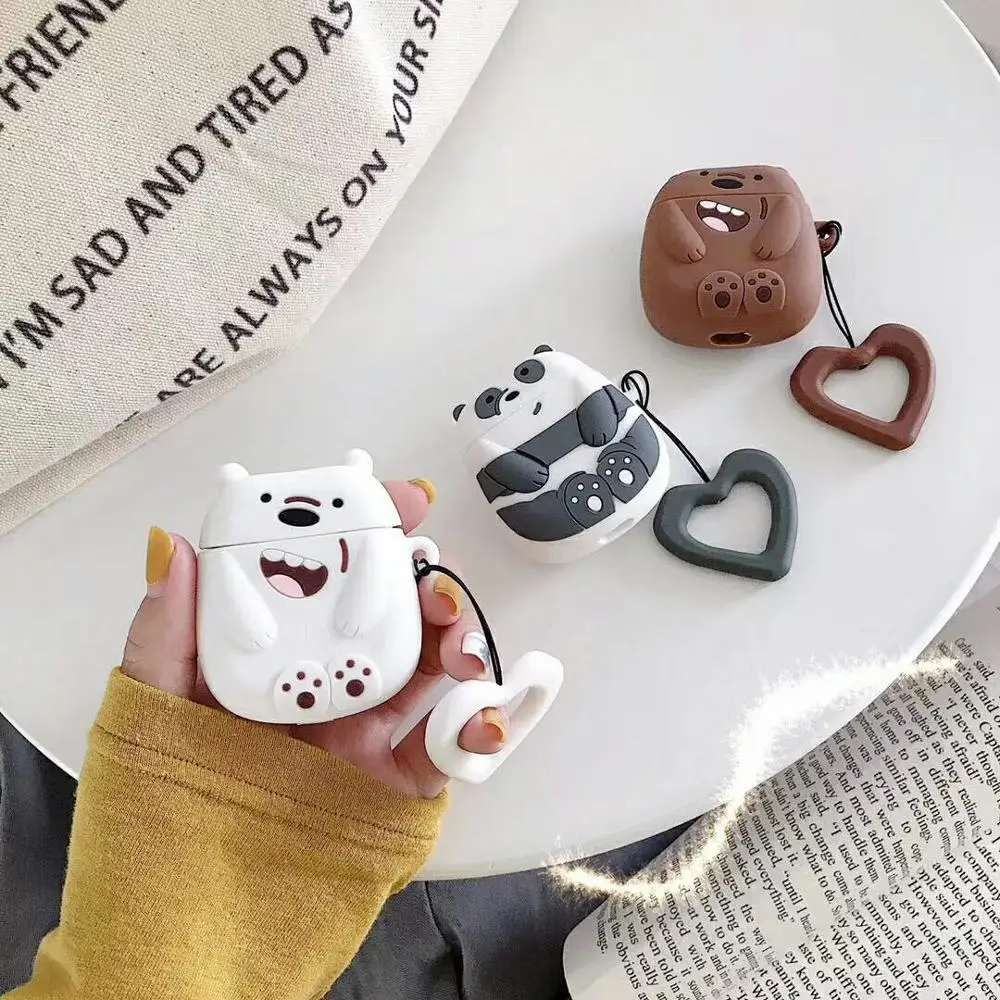 

Accessories Headset bag Cute 3D Bear Cartoon Silicone lanyard Wireless Earphone Charging case for Apple Airpod Cover, Brown, white, gray