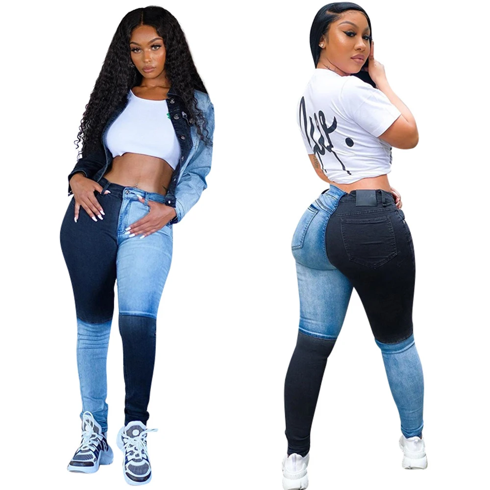 

2021 contrast color stitching ladies denim trouser jeans fashion straight casual women skinny jeans Party club