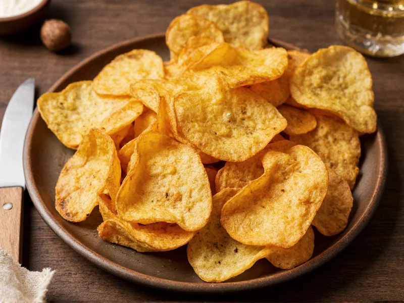 Variety of seasoned homemade chips on rustic plate