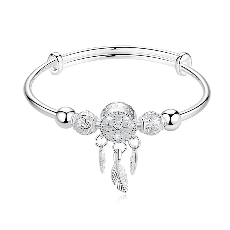 

SC New Trend Round Bead Charm Bracelet Bangle Hollow Carved Dreamcatcher Tassel Feather Bracelet for Women