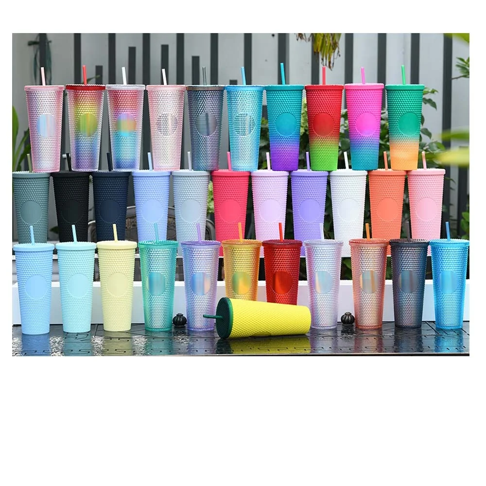 

USA hot selling 24oz 700ml double wall glitter plastic tumbler studded cups with lid and straw, Pink blue, black, white purple and so o