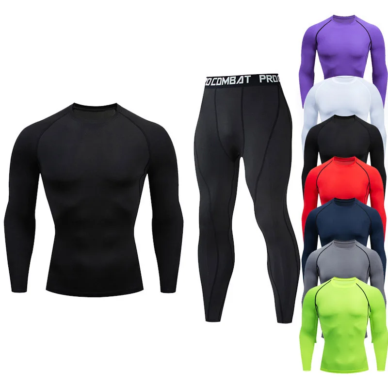 

wholesale 2 pcs Thermal Long Cool Dry Compression Wear Sweatsuit Set Baselayer Top Bottoms, Black/customized color