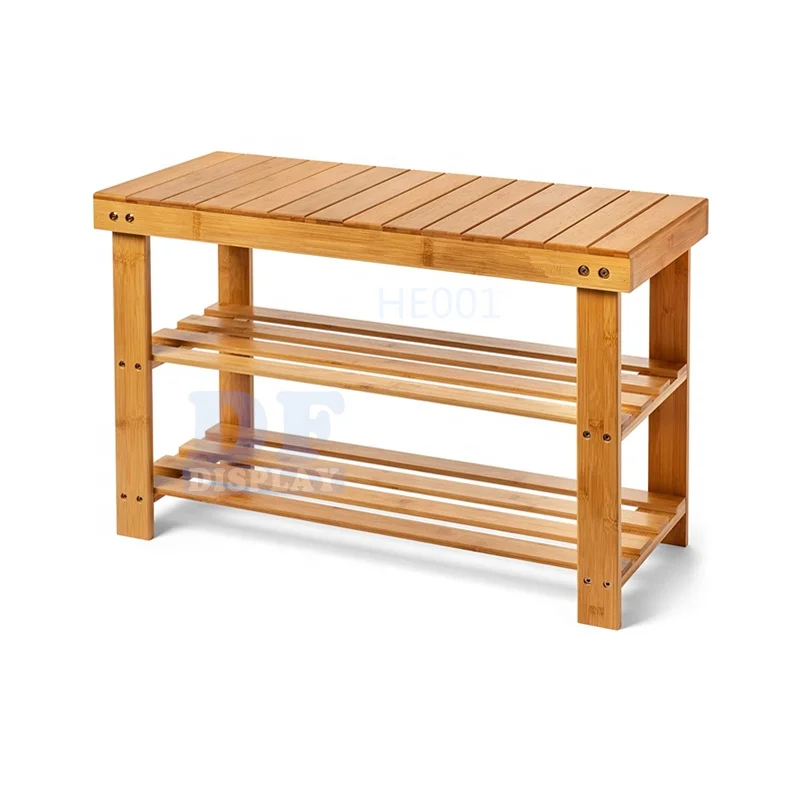 

HE001 Bamboo 3 Tier Shoe Rack Bench for ENTRYWAY, BATHROOM,Hallway or Living Room(Natural Bamboo)