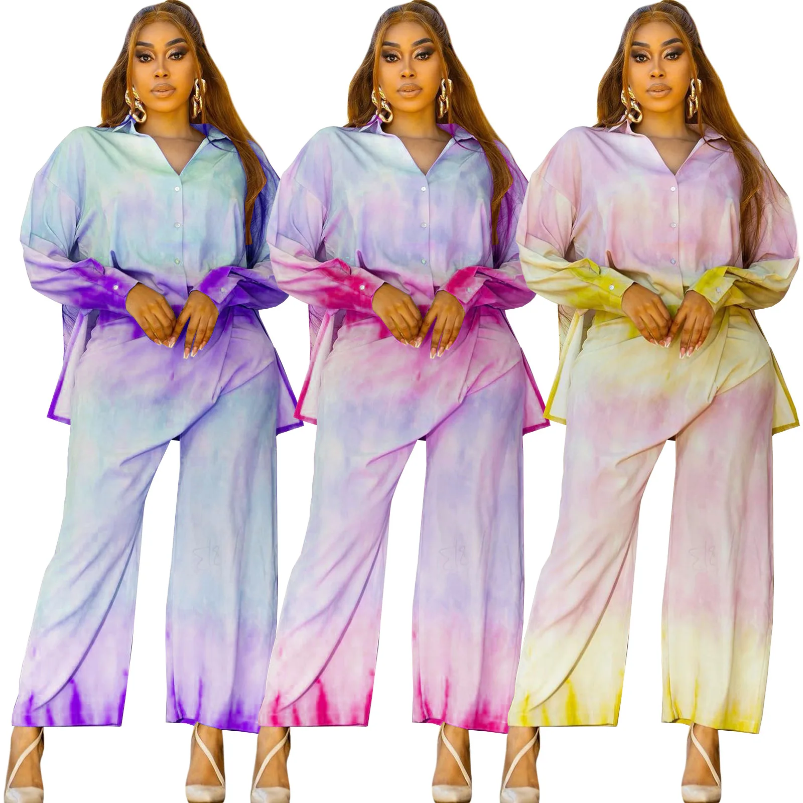 

Plus Size Tie Dye Print Long Sleeve Button Down Blouses Shirts And Pants 2 Piece Set For Women, 3 colors