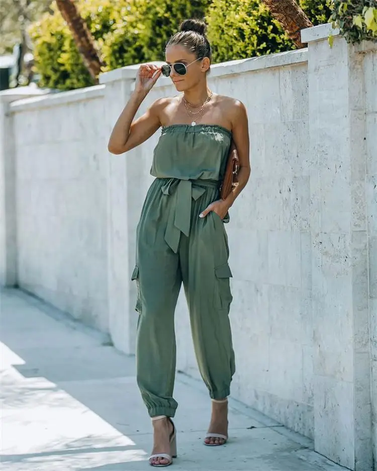 

PEARL Latest Design Summer Strapless Army Green Cargo Pants Women Casual One Piece Jumpsuit