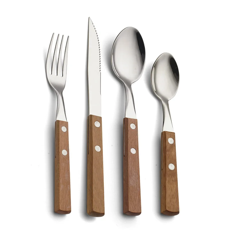 

Amazon Hot Sale 4Pcs Flatware Set 304 Stainless Steel Silverware Knife Fork Spoon Cutlery Set with Wooden Handle