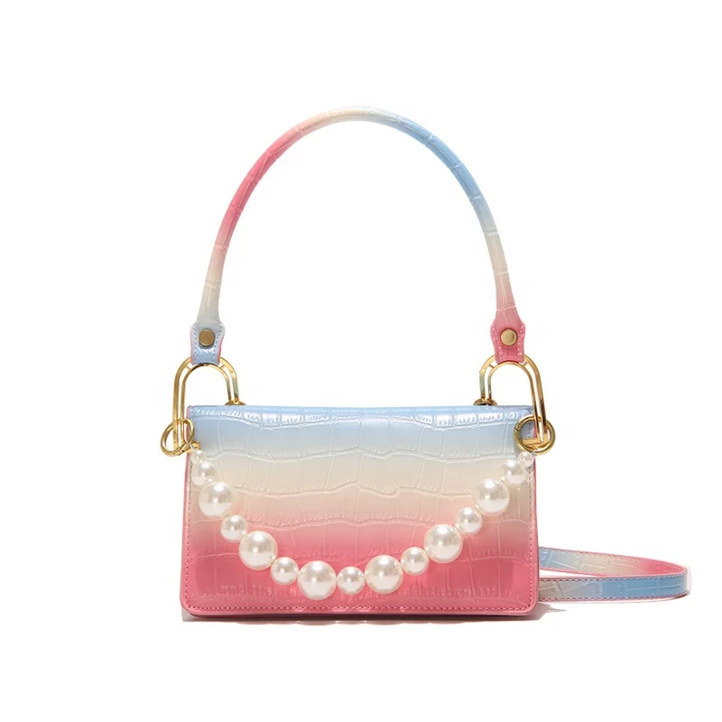 

Wholesale Rainbow Square Hand Bag Pu Leather Bags Shoulder Women Pearl Crossbody Bag