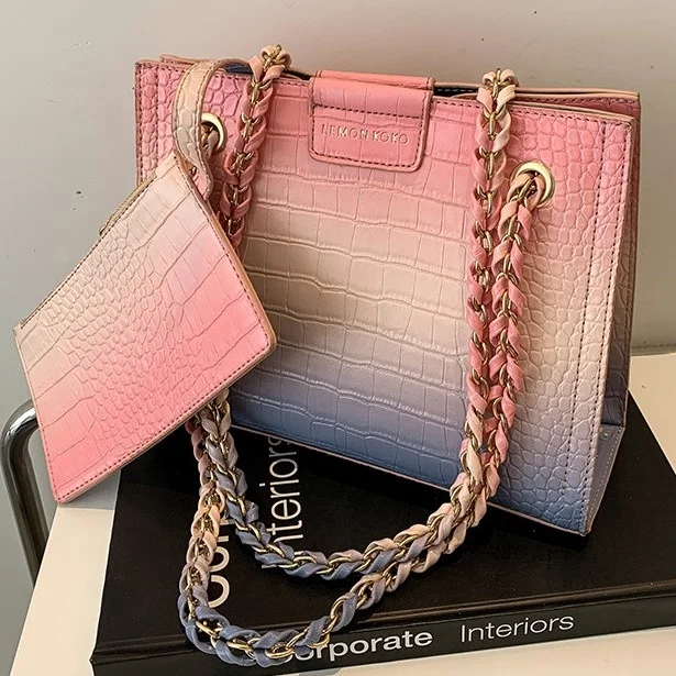 

2021 Pure PU Rainbow Series 2-in-1 Large-capacity Shoulder Bag Chain Messenger Lady Bag, Pink