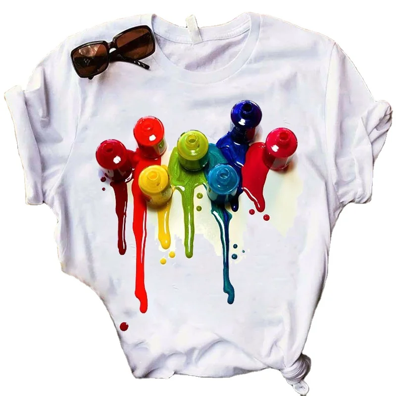 

3D color personality nail polish printed short-sleeved female T-shirt top