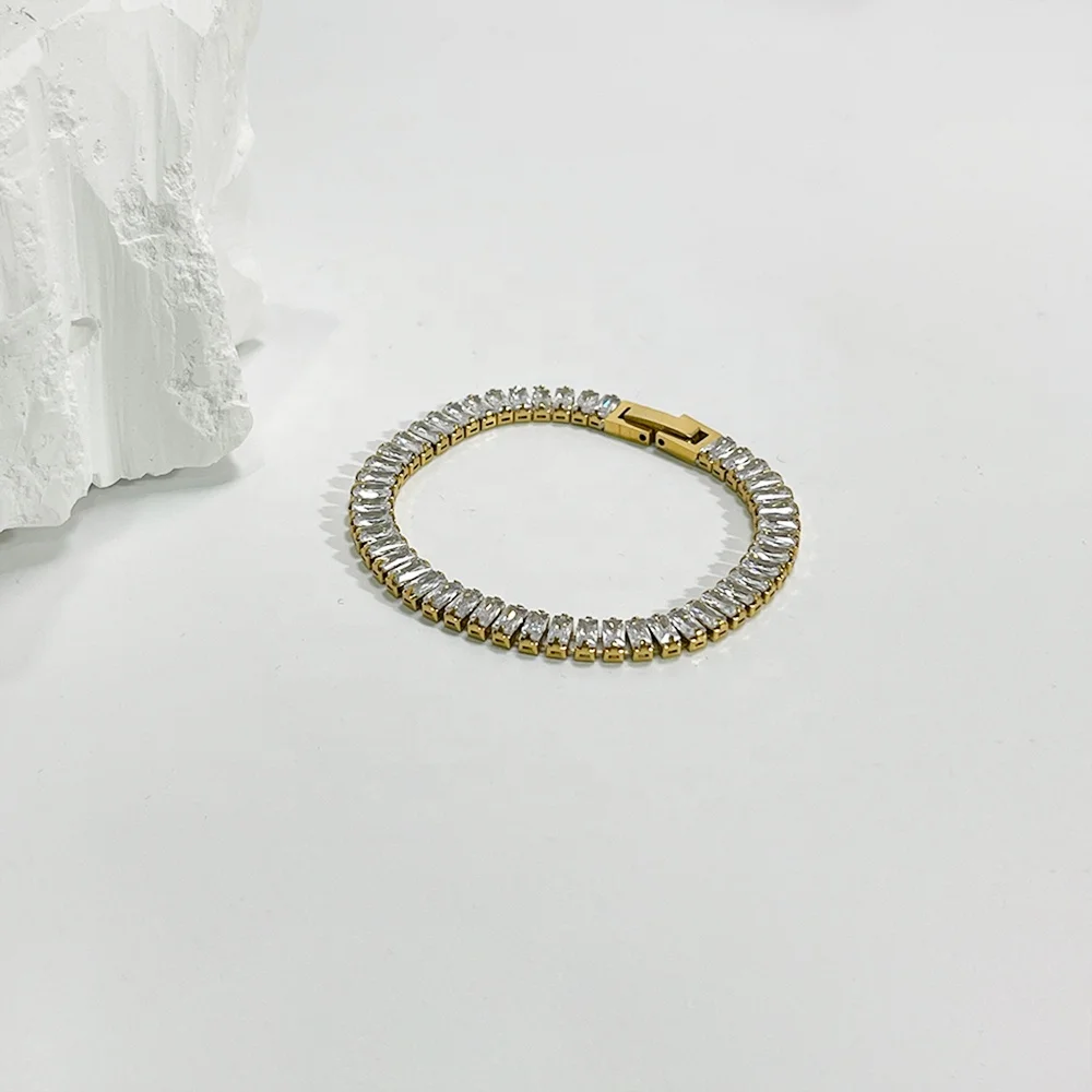

Luxury vintage full square cz diamond bracelet for women titanium steel pave sparkly zircon link chain bracelets B0011
