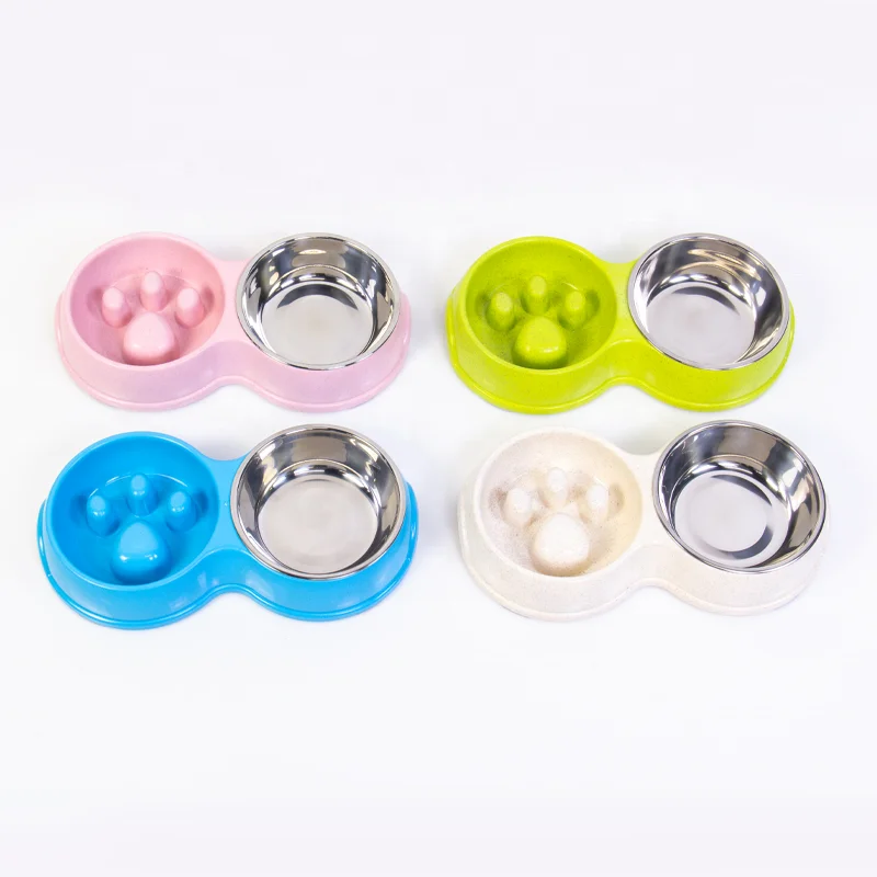 

Pet Feeder Cat Paw Bowls Candy Color Stainless Steel Slow Food Double Bowl, As picture