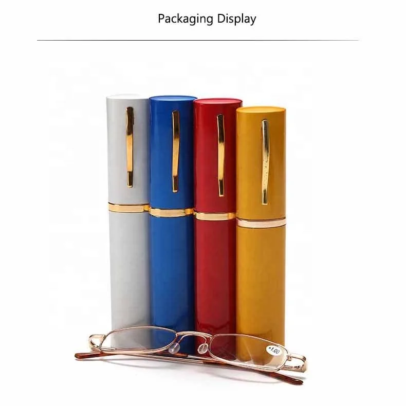 

Fashion Cheap Women Men Presbyopia Glasses Metal Slim Small Frame Spring Hinge Pen Reading Glasses With Alloy Tube Case, Customize color