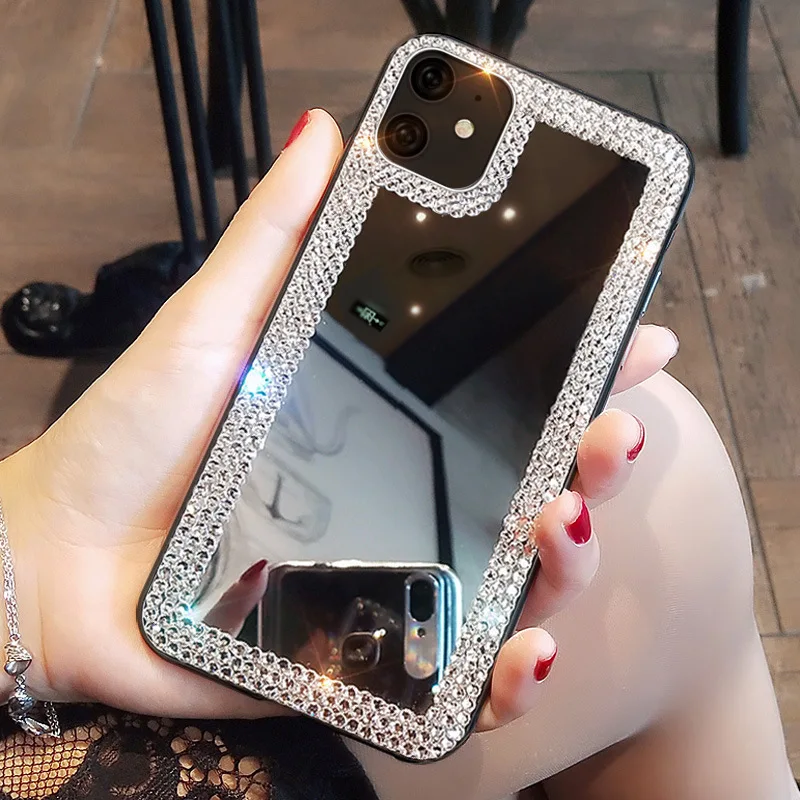 

2021 New Fashion Rhinestone Bumper Makeup Mirror Case For Iphone 12