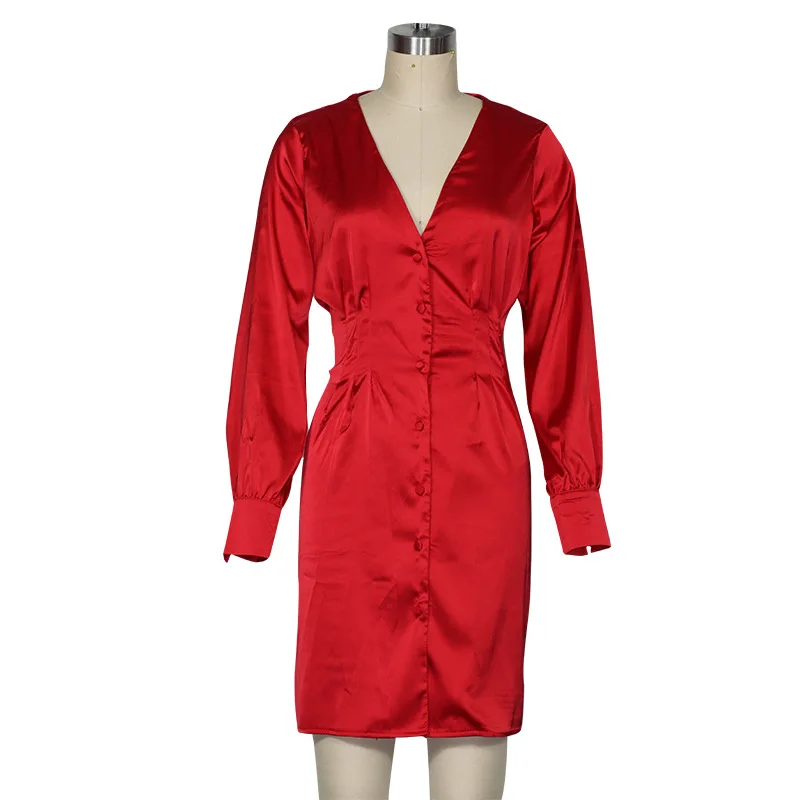 

2020 New Arrival casual long sleeve button v-neck solid sexy women ladies mini dresses