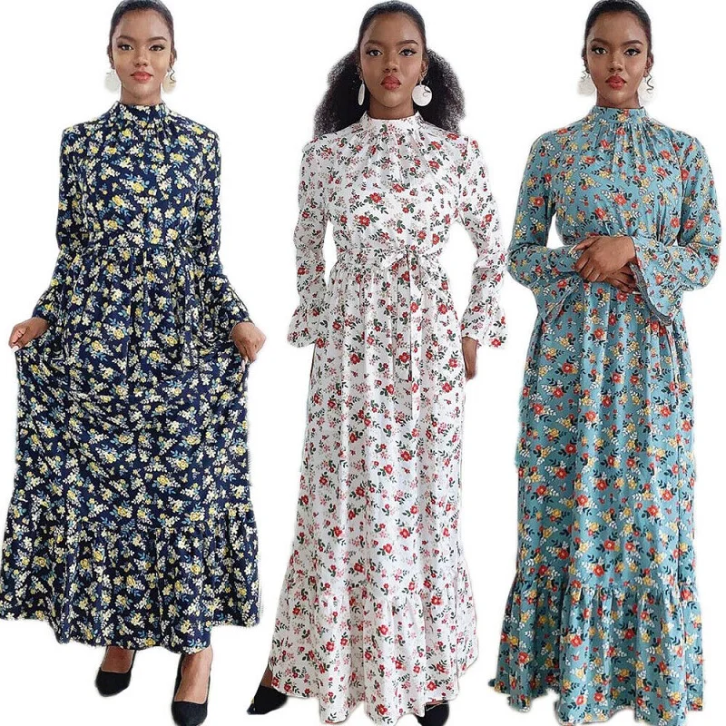 

2020 muslim new design maxi dress, high quality muslim flora maxi dress for lady, Islamic clothing in dubai, White, navy, green