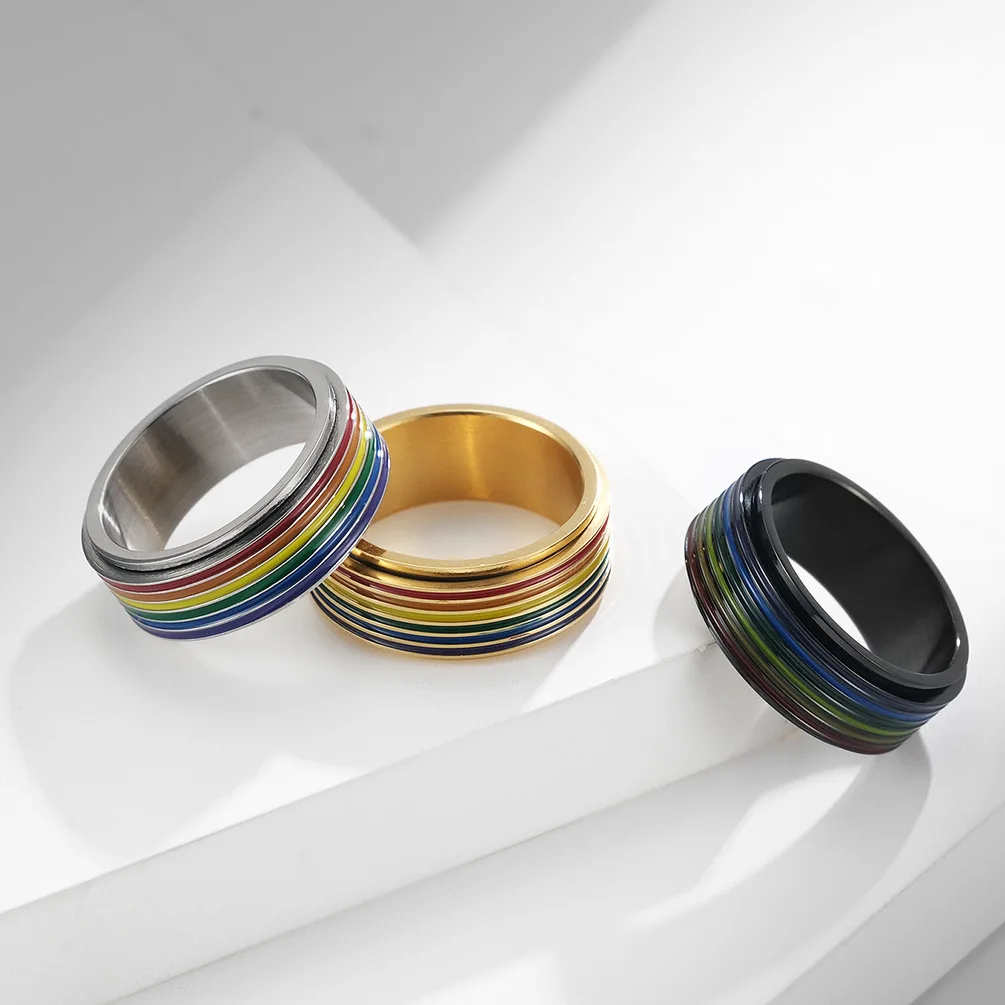 

MECYLIFE Stainless Steel Spinner Ring Fashion Rainbow Enamel Line Men Gay Pride Ring, Silver,black,gold