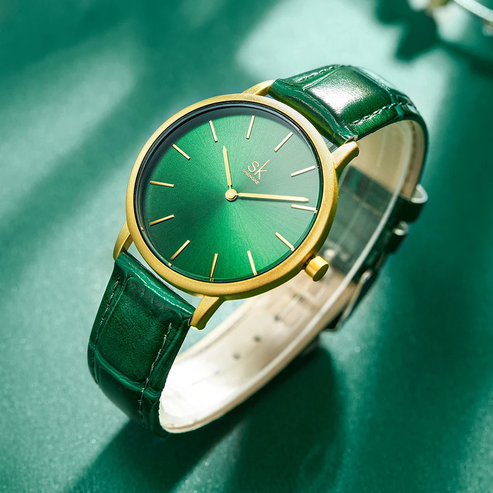 Shengke Women's Luxury Business Fashion Green Dial 38mm Alloy Case Ultra Thin Quartz Wristwatch with Leather Strap K0134L